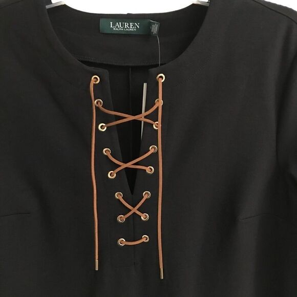 Lauren Ralph Lauren black ponte tie up short sleeve mini shift dress M - Picture 3 of 8